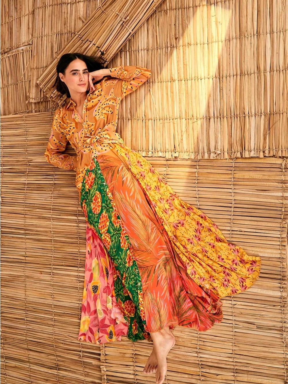 FARM RIO Mixed Prints Max Chemise Dress Maxi Dress Tropical Bananas Vacation